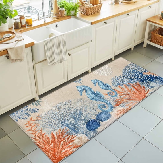 Hallway Runner Rug 2'x6', Blue Red Seahorse Coastal Kitchen Runner Rugs Non-Slip Carpet Mats, Farmhouse Beach Coral Nautical Bedside Rugs Runners Washable Floor Carpet for Bathroom Laundry Room