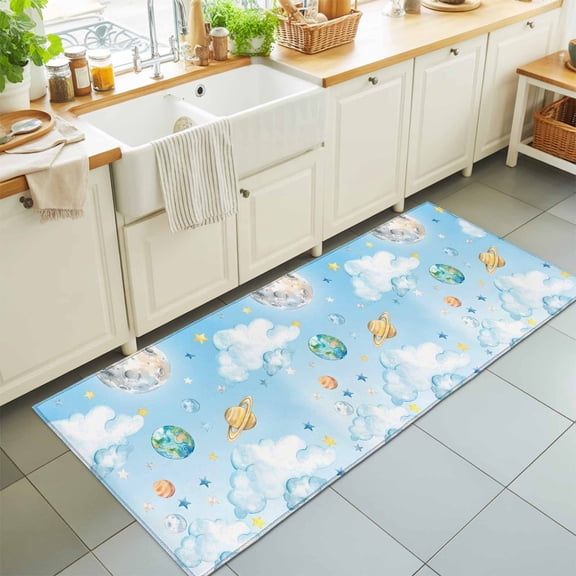 Hallway Runner Rug 2'x6', Blue Sky Kitchen Runner Rugs Non-Slip Carpet Mats, Cartoon Cute Planets Universe Star Cloud Bedside Rugs Runners Washable Floor Carpet for Bathroom Laundry Room