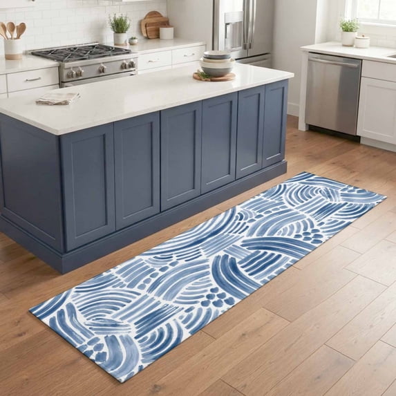 Hallway Runner Rug 2'x6', Blue Striped Kitchen Runner Rugs Non-Slip Carpet Mats, Coastal Modern Abstract Stripes Aesthetic Bedside Rugs Runners Washable Floor Carpet for Bathroom Laundry Room