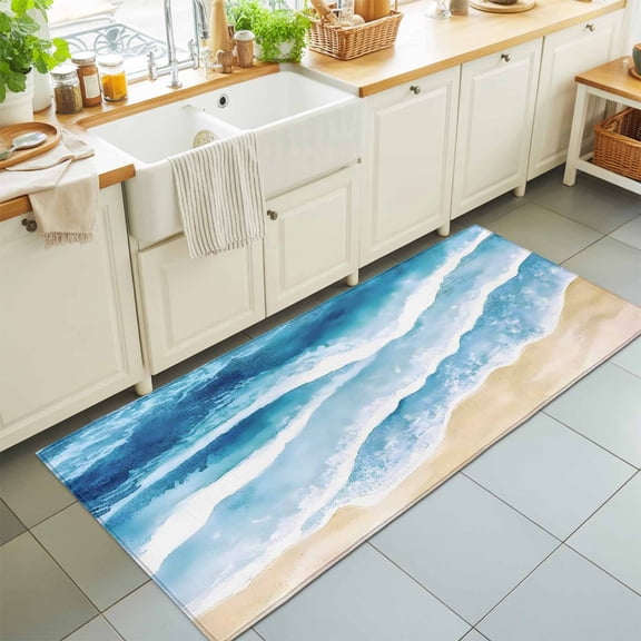 Hallway Runner Rug 2'x6', Blue Waves Coastal Kitchen Runner Rugs Non-Slip Carpet Mats, Summer Beach Nautical Ocean Bedside Rugs Runners Washable Floor Carpet for Bathroom Laundry Room