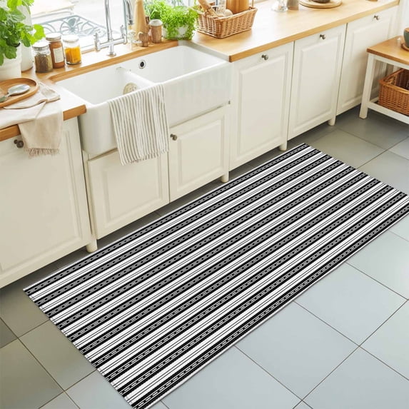 Hallway Runner Rug 2'x6', Boho Black Stripe Kitchen Runner Rugs Non-Slip Carpet Mats, Abstract Geometric White Minimalist Bedside Rugs Runners Washable Floor Carpet for Bathroom Laundry Room