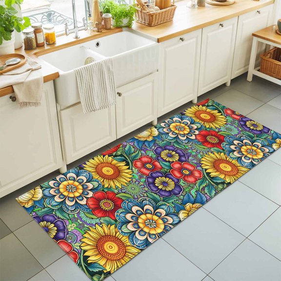Hallway Runner Rug 2'x6', Boho Colorful Floral Kitchen Runner Rugs Non-Slip Carpet Mats, Spring Flower Botanical Sunflowers Plant Bedside Rugs Runners Washable Floor Carpet for Bathroom Laundry Room