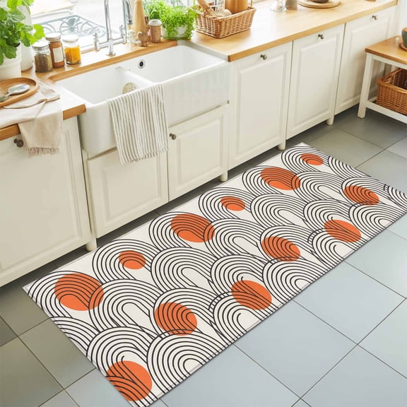 Hallway Runner Rug 2'x6', Boho Geometric Kitchen Runner Rugs Non-Slip Carpet Mats, Modern Abstract Orange Sun Lines Beige Bedside Rugs Runners Washable Floor Carpet for Bathroom Laundry Room