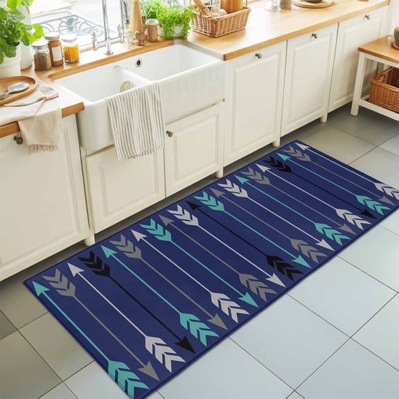 Hallway Runner Rug 2'x6', Boho Kitchen Runner Rugs Non-Slip Carpet Mats, Vintage Farmhouse Ethnic Feathers Arrows Blue Bedside Rugs Runners Washable Floor Carpet for Bathroom Laundry Room