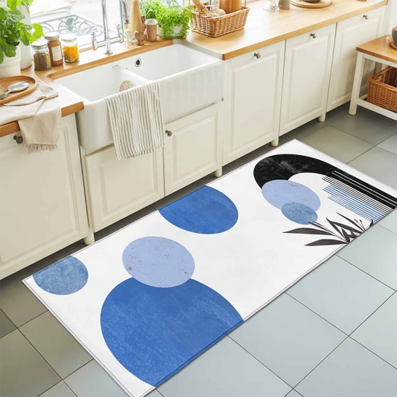 Hallway Runner Rug 2'x6', Boho Middle Century Kitchen Runner Rugs Non-Slip Carpet Mats, Abstract Blue Geometric Botanical Bedside Rugs Runners Washable Floor Carpet for Bathroom Laundry Room