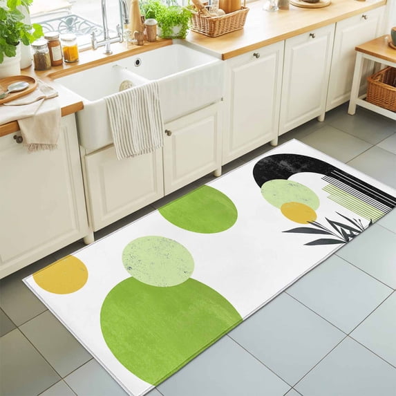 Hallway Runner Rug 2'x6', Boho Middle Century Kitchen Runner Rugs Non-Slip Carpet Mats, Abstract Green Geometric Botanical Bedside Rugs Runners Washable Floor Carpet for Bathroom Laundry Room