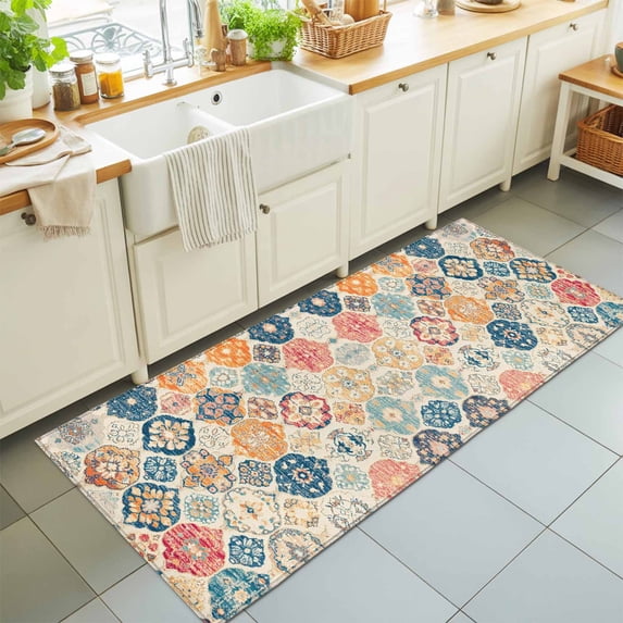 Hallway Runner Rug 2'x6', Boho Morocco Kitchen Runner Rugs Non-Slip Carpet Mats, Retro Farmhouse Ethnic Neutral Aesthetic Bedside Rugs Runners Washable Floor Carpet for Bathroom Laundry Room