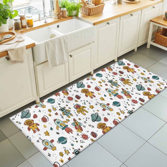 Hallway Runner Rug 2'x6', Cartoon Space Kitchen Runner Rugs Non-Slip Carpet Mats, Funny Cute Rocket Star Planet Bedside Rugs Runners Washable Floor Carpet for Bathroom Laundry Room
