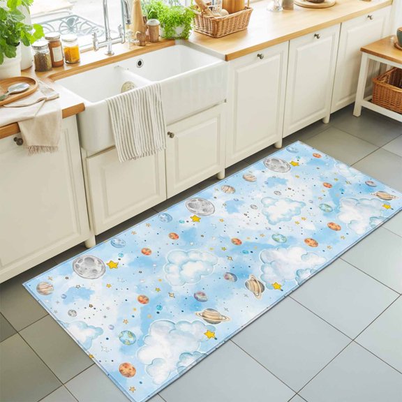Hallway Runner Rug 2'x6', Children's Day Kitchen Runner Rugs Non-Slip Carpet Mats, Galaxy Universe Stars Planets Moons Bedside Rugs Runners Washable Floor Carpet for Bathroom Laundry Room