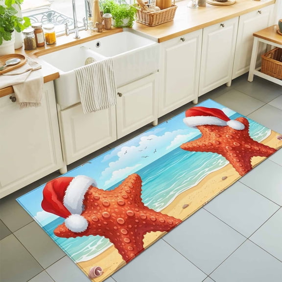 Hallway Runner Rug 2'x6', Coastal Christmas Kitchen Runner Rugs Non-Slip Carpet Mats, Winter Beach Ocean Waves Starfish Bedside Rugs Runners Washable Floor Carpet for Bathroom Laundry Room