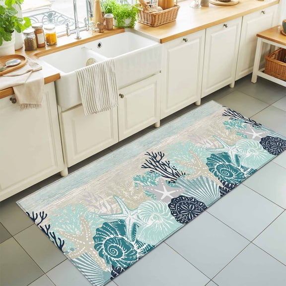 Hallway Runner Rug 2'x6', Coastal Coral Kitchen Runner Rugs Non-Slip Carpet Mats, Ocean Starfish Beach Conch Turquoise Wood Bedside Rugs Runners Washable Floor Carpet for Bathroom Laundry Room