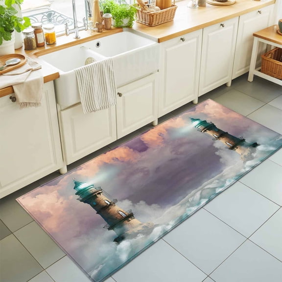 Hallway Runner Rug 2'x6', Coastal Lighthouse Kitchen Runner Rugs Non-Slip Carpet Mats, Fancy Cloud Ocean Waves Summer Bedside Rugs Runners Washable Floor Carpet for Bathroom Laundry Room
