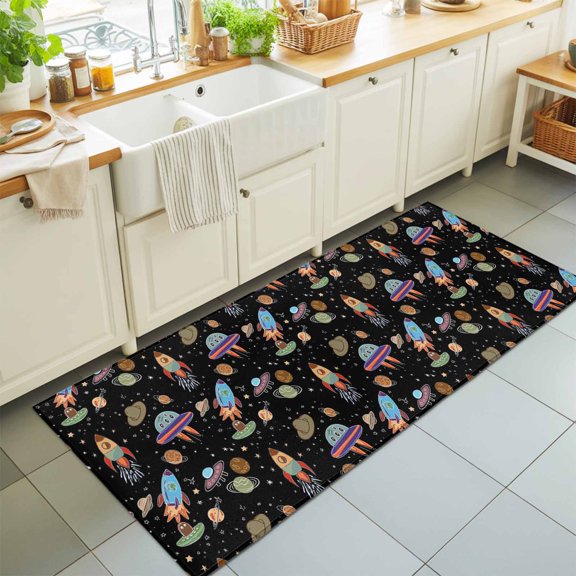 Hallway Runner Rug 2'x6', Cute Black Space Kitchen Runner Rugs Non-Slip Carpet Mats, Star Cartoon Spaceship Planet Bedside Rugs Runners Washable Floor Carpet for Bathroom Laundry Room