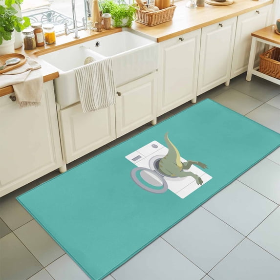 Hallway Runner Rug 2'x6', Dinosaur Kitchen Runner Rugs Non-Slip Carpet Mats, Teal Laundry Room Washing Machine Bedside Rugs Runners Washable Floor Carpet for Bathroom Laundry Room