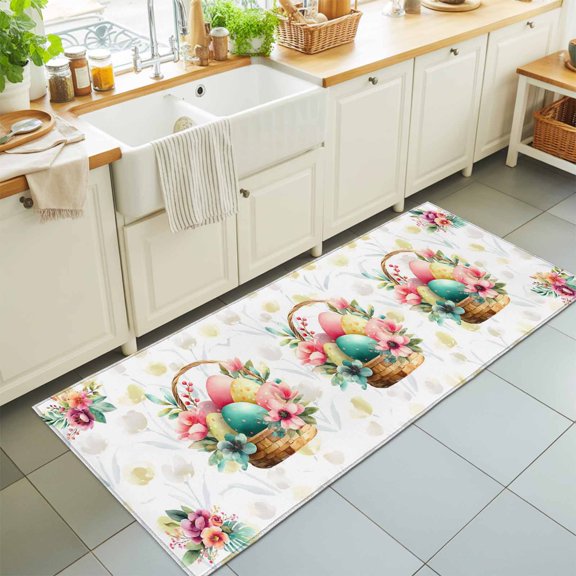 Hallway Runner Rug 2'x6', Easter Eggs Kitchen Runner Rugs Non-Slip Carpet Mats, Yellow Floral Basket Leaves Rustic Botanical Bedside Rugs Runners Washable Floor Carpet for Bathroom Laundry Room