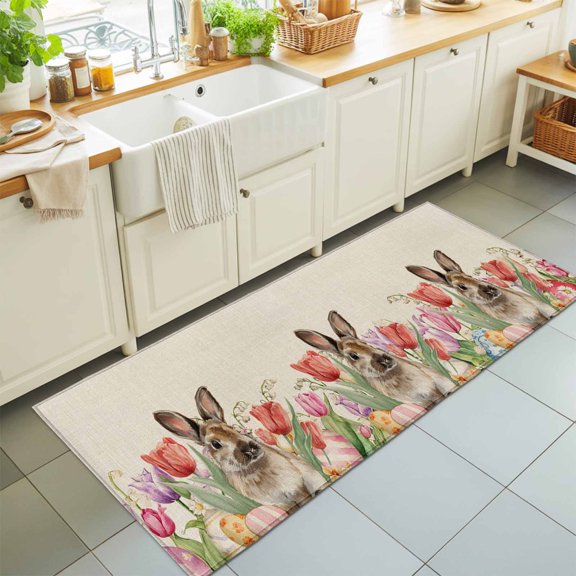 Hallway Runner Rug 2'x6', Easter Rabbit Kitchen Runner Rugs Non-Slip Carpet Mats, Spring Tulips Flowers Leaves Botanical Retro Bedside Rugs Runners Washable Floor Carpet for Bathroom Laundry Room