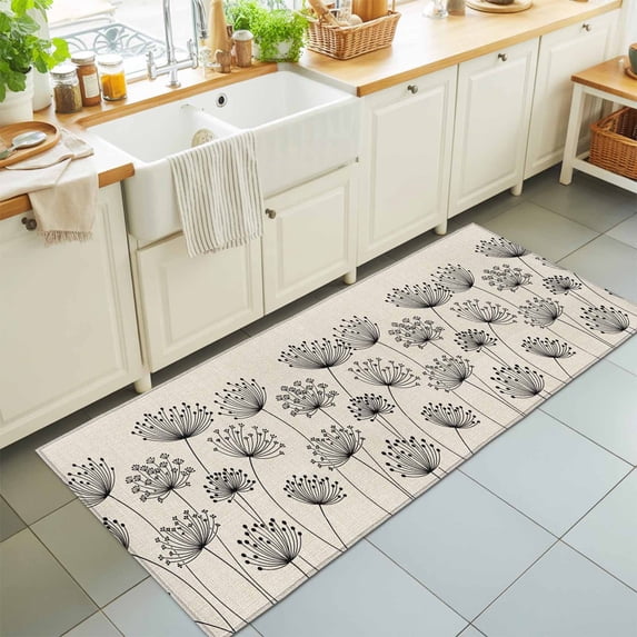 Hallway Runner Rug 2'x6', Farmhouse Dandelion Kitchen Runner Rugs Non-Slip Carpet Mats, Spring Modern Country Flower Black Beige Bedside Rugs Runners Washable Floor Carpet for Bathroom Laundry Room