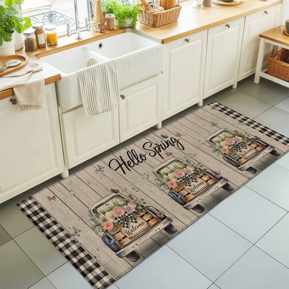 Hallway Runner Rug 2'x6', Farmhouse Flower Kitchen Runner Rugs Non-Slip Carpet Mats, Spring Vintage Truck Black Plaid Wood Grain Bedside Rugs Runners Washable Floor Carpet for Bathroom Laundry Room