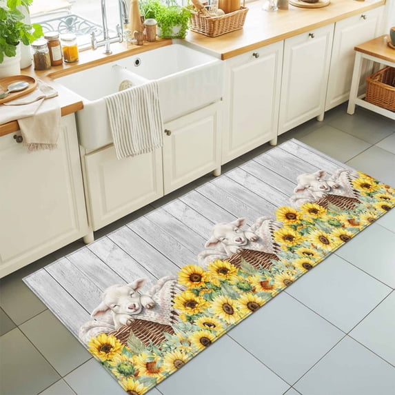 Hallway Runner Rug 2'x6', Farmhouse Sheeps Kitchen Runner Rugs Non-Slip Carpet Mats, Country Cabins Sunflowers Wooden Grain Bedside Rugs Runners Washable Floor Carpet for Bathroom Laundry Room