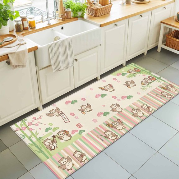 Hallway Runner Rug 2'x6', Funny Owls Kitchen Runner Rugs Non-Slip Carpet Mats, Cute Animals Flowers Cartoon Bedside Rugs Runners Washable Floor Carpet for Bathroom Laundry Room
