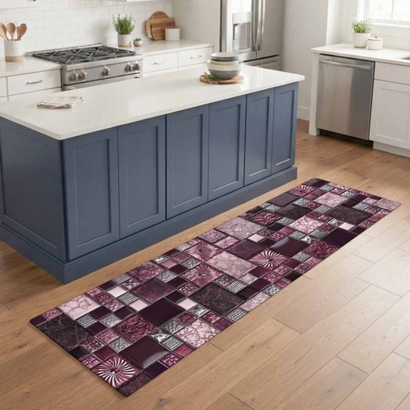 Hallway Runner Rug 2'x6', Geometric Grid Kitchen Runner Rugs Non-Slip Carpet Mats, Purple Checkerd Abstract Plaid Modern Art Bedside Rugs Runners Washable Floor Carpet for Bathroom Laundry Room
