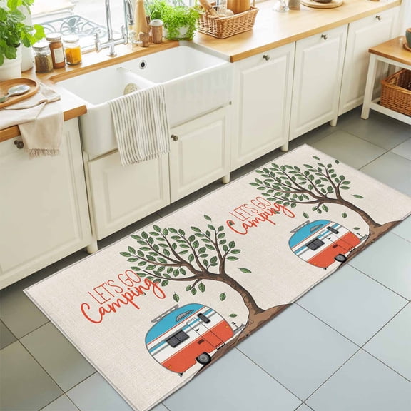 Hallway Runner Rug 2'x6', Let's Go Camping Kitchen Runner Rugs Non-Slip Carpet Mats, Modern Camper Van Trees Burlap Rustic Bedside Rugs Runners Washable Floor Carpet for Bathroom Laundry Room