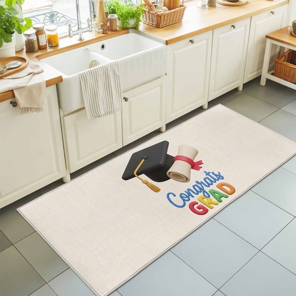 Hallway Runner Rug 2'x6', Graduation Kitchen Runner Rugs Non-Slip Carpet Mats, Grad Cartoon School on Linen Bedside Rugs Runners Washable Floor Carpet for Bathroom Laundry Room