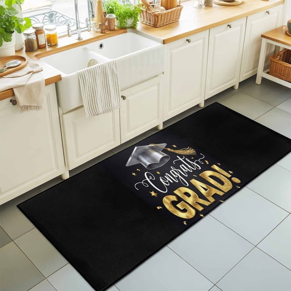 Hallway Runner Rug 2'x6', Graduation Kitchen Runner Rugs Non-Slip Carpet Mats, School Grad Gold Stars Black Bedside Rugs Runners Washable Floor Carpet for Bathroom Laundry Room