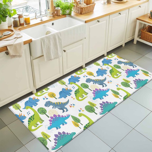 Hallway Runner Rug 2'x6', Green Blue Dinosaur Kitchen Runner Rugs Non-Slip Carpet Mats, Trees Animals Modern Art Graffiti Bedside Rugs Runners Washable Floor Carpet for Bathroom Laundry Room