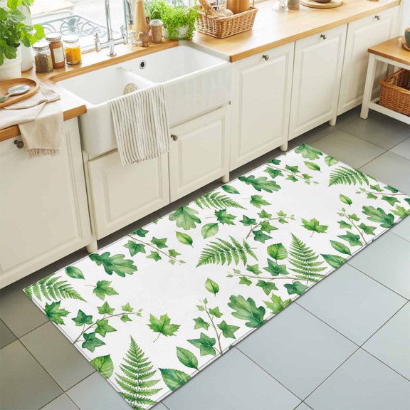 Hallway Runner Rug 2'x6', Green Botanical Kitchen Runner Rugs Non-Slip Carpet Mats, Spring Ivy Ferns Leaves Plants Bedside Rugs Runners Washable Floor Carpet for Bathroom Laundry Room
