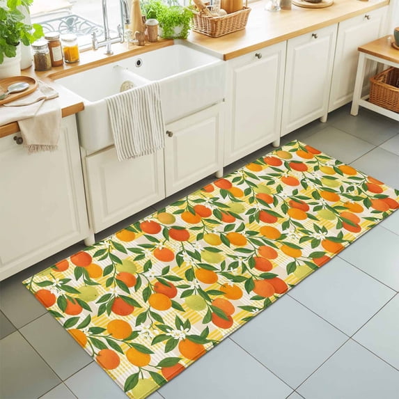 Hallway Runner Rug 2'x6', Green Orange Kitchen Runner Rugs Non-Slip Carpet Mats, Summer Botanical Leaves Watercolor Checkered Bedside Rugs Runners Washable Floor Carpet for Bathroom Laundry Room