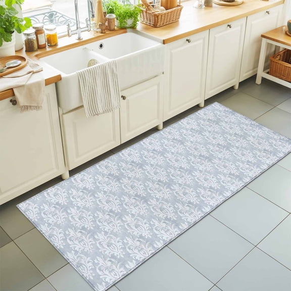 Hallway Runner Rug 2'x6', Haze Blue Boho Kitchen Runner Rugs Non-Slip Carpet Mats, Neutral Middle Century Turkish Pattern Bedside Rugs Runners Washable Floor Carpet for Bathroom Laundry Room