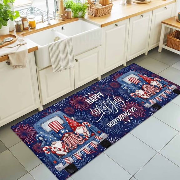 Hallway Runner Rug 2'x6', Independence Day Gnomes Kitchen Runner Rugs Non-Slip Carpet Mats, Blue Truck Firework Navy Blue Bedside Rugs Runners Washable Floor Carpet for Bathroom Laundry Room