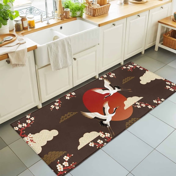 Hallway Runner Rug 2'x6', Japanese Style Kitchen Runner Rugs Non-Slip Carpet Mats, Modern Cranes Cherry Flower Wave Brown Bedside Rugs Runners Washable Floor Carpet for Bathroom Laundry Room