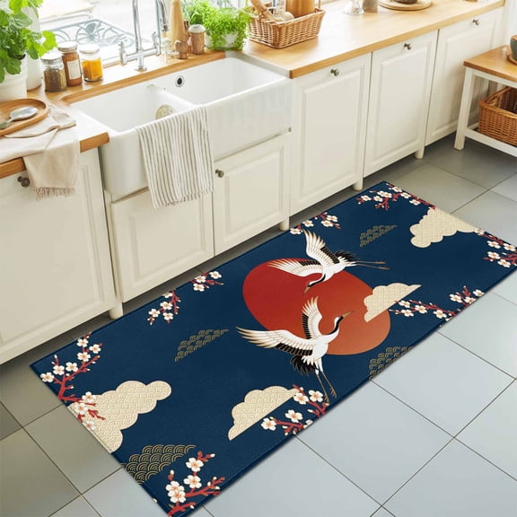 Hallway Runner Rug 2'x6', Japanese Style Kitchen Runner Rugs Non-Slip Carpet Mats, Modern Cranes Cherry Flower Wave Navy Blue Bedside Rugs Runners Washable Floor Carpet for Bathroom Laundry Room