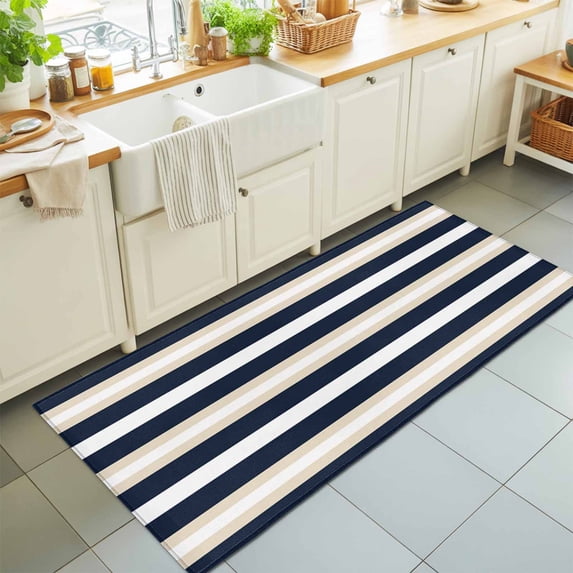 Hallway Runner Rug 2'x6', Khaki Navy Blue Striped Kitchen Runner Rugs Non-Slip Carpet Mats, Farmhouse Abstract Lines Art Bedside Rugs Runners Washable Floor Carpet for Bathroom Laundry Room