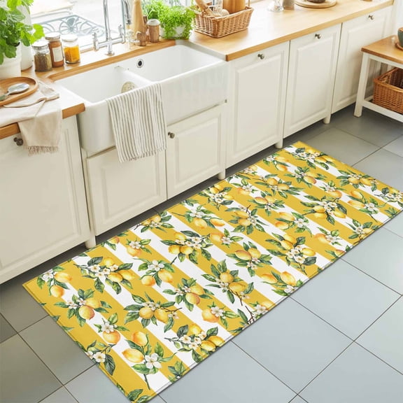 Hallway Runner Rug 2'x6', Lemon Leaves Kitchen Runner Rugs Non-Slip Carpet Mats, Yellow Vertical Stripes Spring Flowers Bedside Rugs Runners Washable Floor Carpet for Bathroom Laundry Room