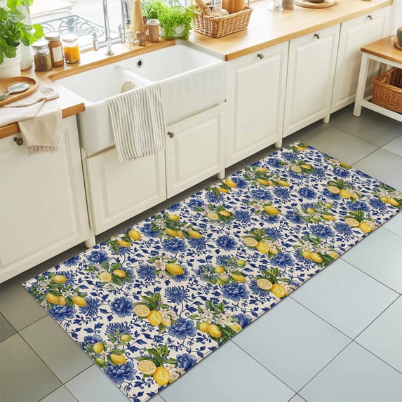 Hallway Runner Rug 2'x6', Lemons Flowers Kitchen Runner Rugs Non-Slip Carpet Mats, Summer Yellow Fruits Blue Floral Beige Bedside Rugs Runners Washable Floor Carpet for Bathroom Laundry Room
