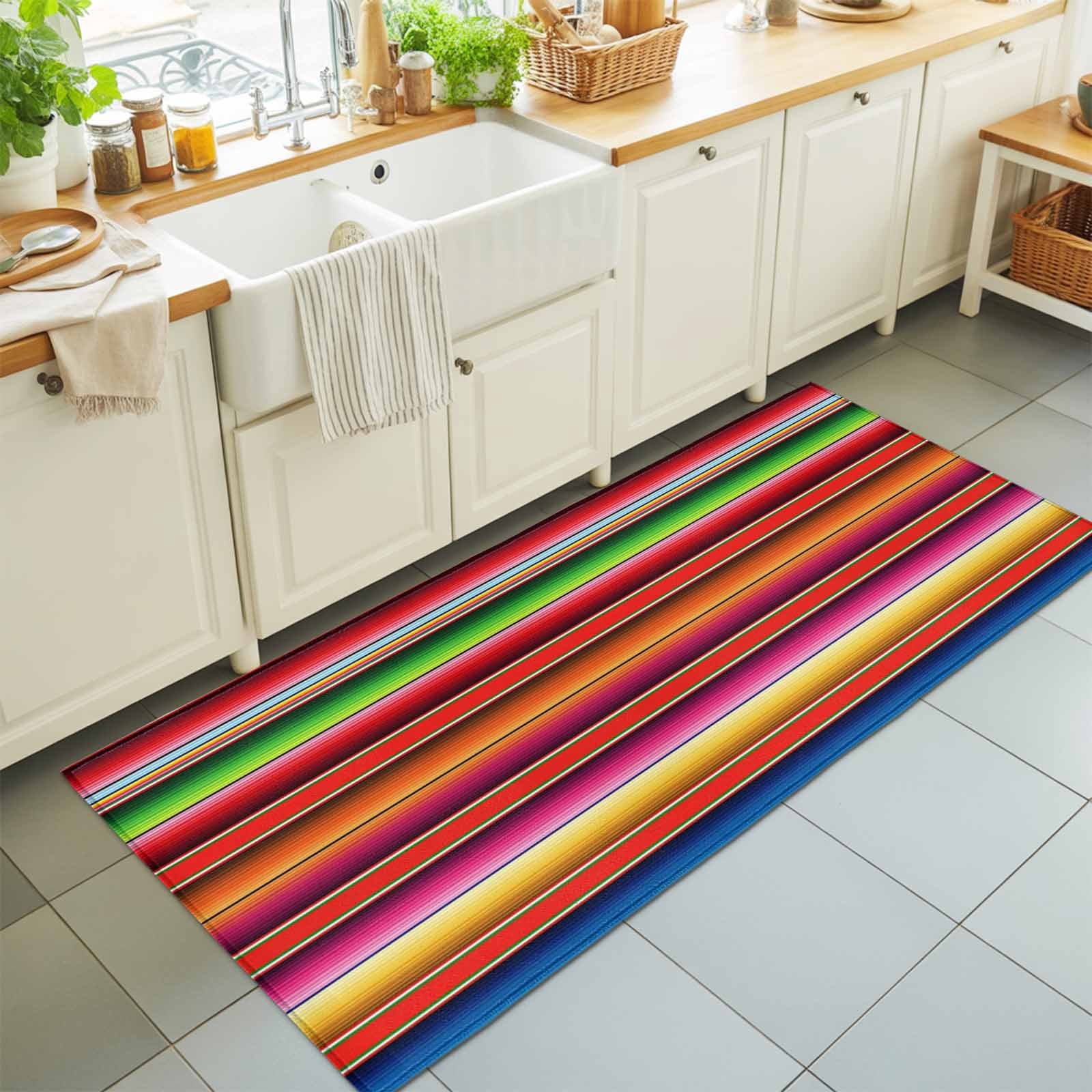 Hallway Runner Rug 2'x6', Mexican Style Kitchen Runner Rugs Non-Slip Carpet Mats, Colorful Mexico Stripes Pink Red Bedside Rugs Runners Washable Floor Carpet for Bathroom Laundry Room