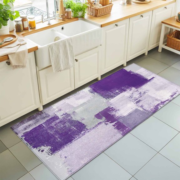 Hallway Runner Rug 2'x6', Modern Oil Painting Kitchen Runner Rugs Non-Slip Carpet Mats, Purple Grey Abstract Graffiti Art Bedside Rugs Runners Washable Floor Carpet for Bathroom Laundry Room