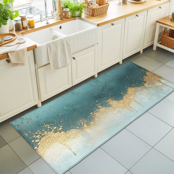 Hallway Runner Rug 2'x6', Modern Teal Turquoise Kitchen Runner Rugs Non-Slip Carpet Mats, Abstract Oil Painting Minimalist Art Bedside Rugs Runners Washable Floor Carpet for Bathroom Laundry Room