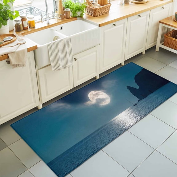 Hallway Runner Rug 2'x6', Moonlight Sea Night Kitchen Runner Rugs Non-Slip Carpet Mats, Abstract Modern Art Ocean Cloud Bedside Rugs Runners Washable Floor Carpet for Bathroom Laundry Room
