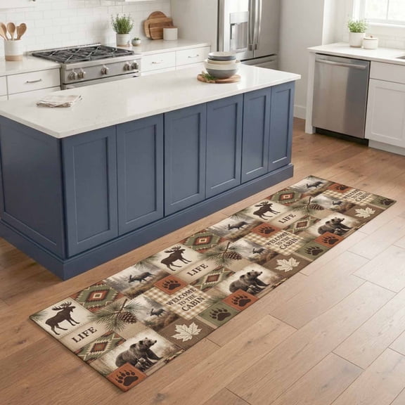 Hallway Runner Rug 2'x6', Moose Bear Kitchen Runner Rugs Non-Slip Carpet Mats, Forest Wildlife Pinecone Branch Rustic Country Bedside Rugs Runners Washable Floor Carpet for Bathroom Laundry Room