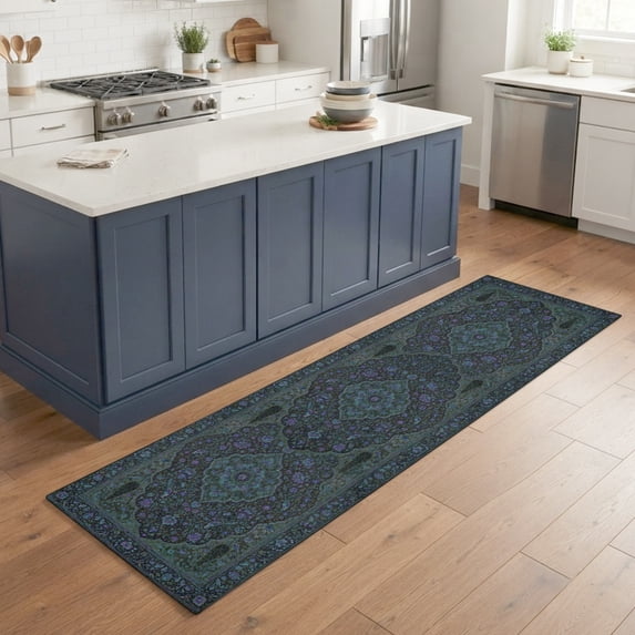 Hallway Runner Rug 2'x6', Navy Blue Boho Kitchen Runner Rugs Non-Slip Carpet Mats, Retro Ethnic Tribe Abstract Art Bedside Rugs Runners Washable Floor Carpet for Bathroom Laundry Room