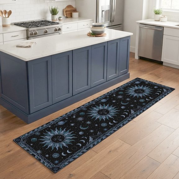 Hallway Runner Rug 2'x6', Navy Blue Celestial Kitchen Runner Rugs Non-Slip Carpet Mats, Mythical Sun Face Planet Universe Bedside Rugs Runners Washable Floor Carpet for Bathroom Laundry Room