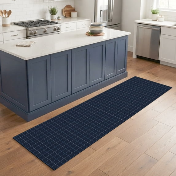Hallway Runner Rug 2'x6', Navy Blue Plaid Grid Kitchen Runner Rugs Non-Slip Carpet Mats, Modern Abstract Blue Checkered Bedside Rugs Runners Washable Floor Carpet for Bathroom Laundry Room
