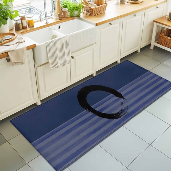 Hallway Runner Rug 2'x6', Navy Blue Striped Kitchen Runner Rugs Non-Slip Carpet Mats, Black Geometric Vintage Stripes Ombre Bedside Rugs Runners Washable Floor Carpet for Bathroom Laundry Room
