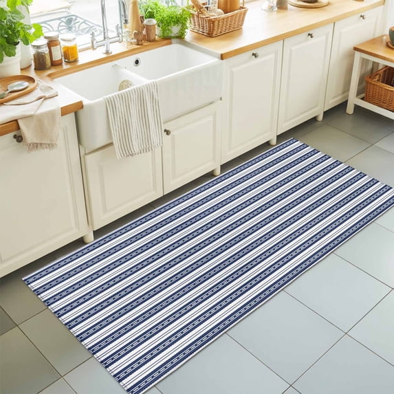 Hallway Runner Rug 2'x6', Navy Blue Striped Kitchen Runner Rugs Non-Slip Carpet Mats, Farmhouse Striped Geometric Art Bedside Rugs Runners Washable Floor Carpet for Bathroom Laundry Room