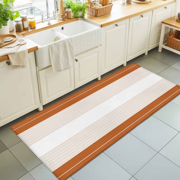Hallway Runner Rug 2'x6', Orange Beige Stripe Kitchen Runner Rugs Non-Slip Carpet Mats, Modern Art Horizontal Striped Bedside Rugs Runners Washable Floor Carpet for Bathroom Laundry Room