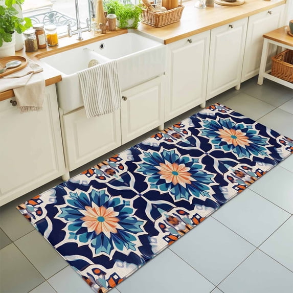 Hallway Runner Rug 2'x6', Orange Blue Kitchen Runner Rugs Non-Slip Carpet Mats, Morocco Boho Abstract Floral Ethnic Tribal Bedside Rugs Runners Washable Floor Carpet for Bathroom Laundry Room